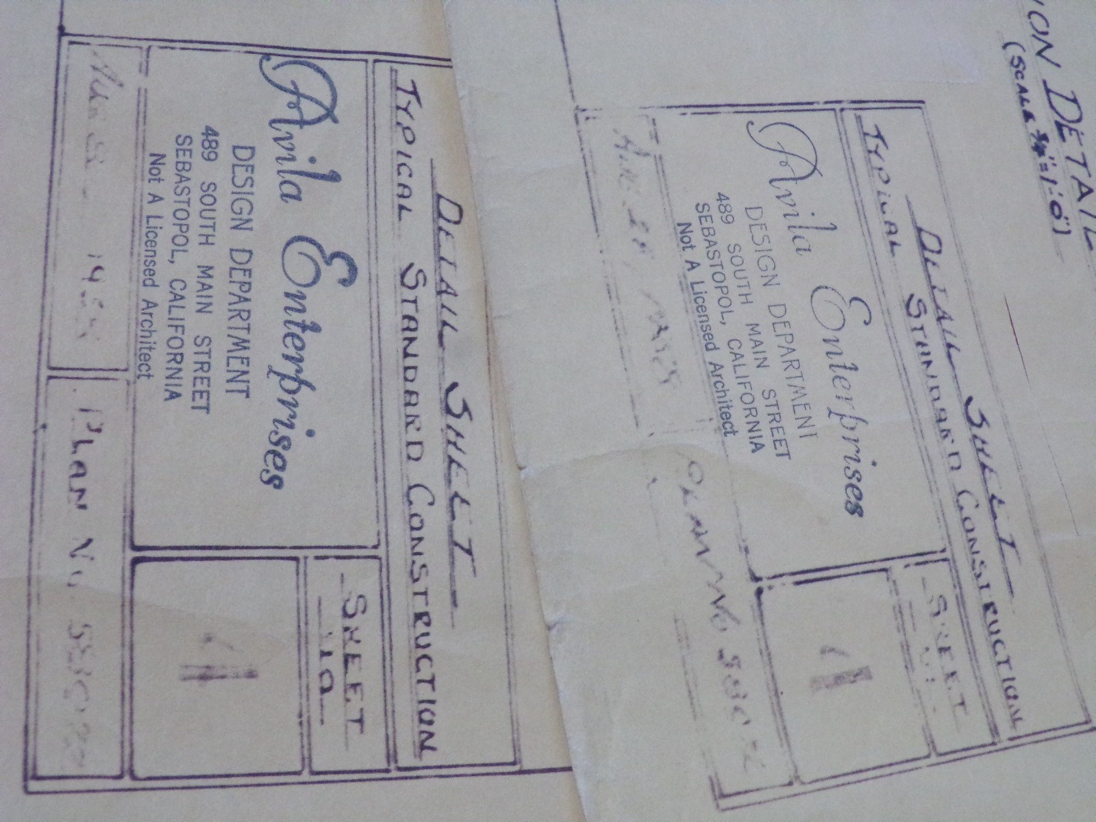 1958 AVILA ENTERPRISES SEBASTOPOL CA. HOUSE BLUEPRINTS 8 OLD PAPER EPHEMERA