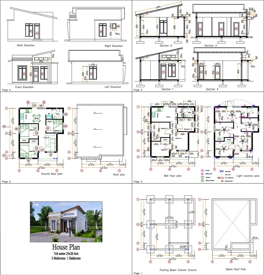 23×26 Feet Small House Plan 7×8 Meter 3 Beds 1 bath Shed Roof PDF & A4 Hard Copy