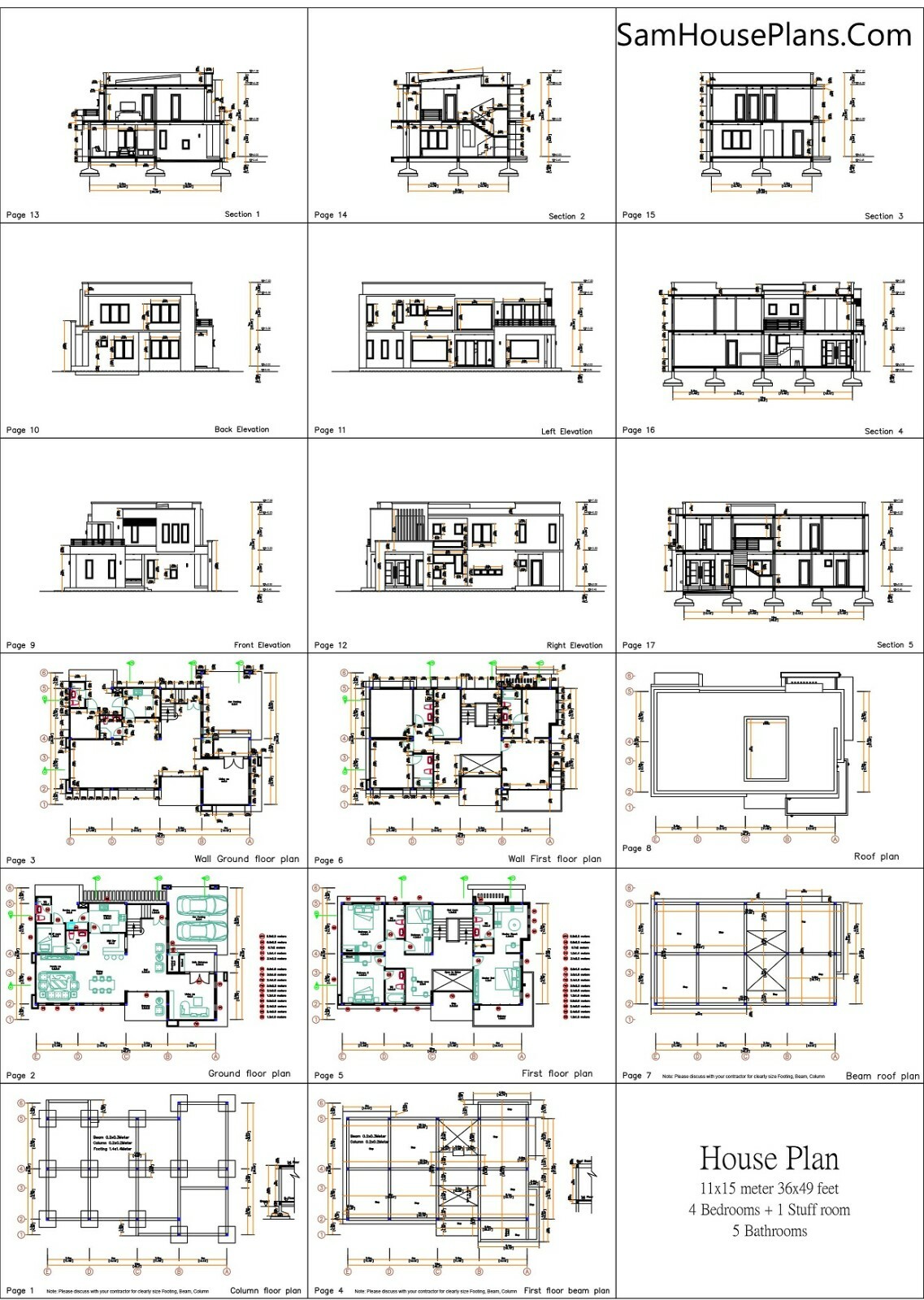 Small House Plan 11×15 M 36×49 Feet 5 Beds PDF Full Plan (A4 Hard Copy)