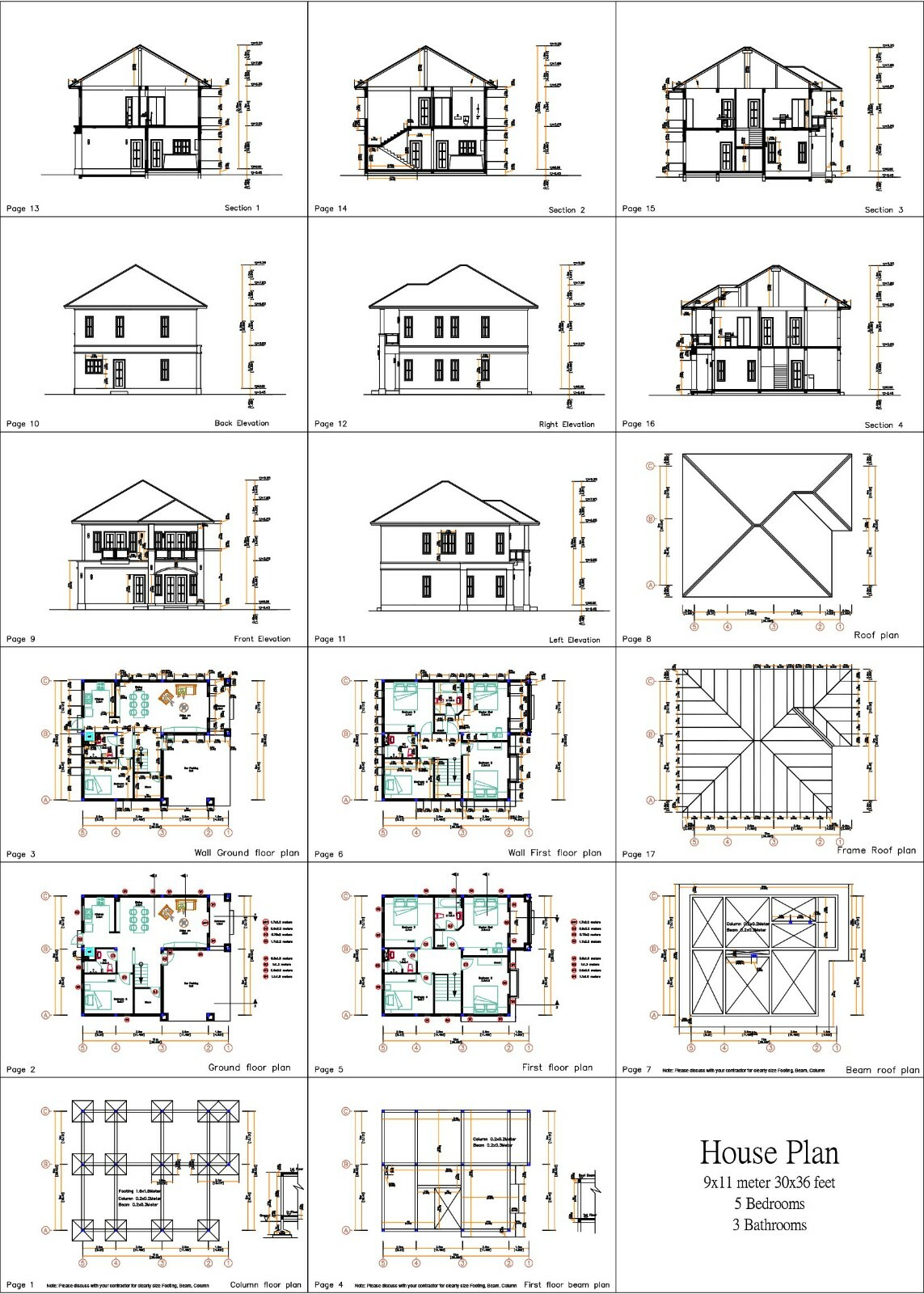 Custom House Plan 9×11 Meter 26×36 Feet 5 Beds 3 Baths Hip Roof (A4 Hard Copy)