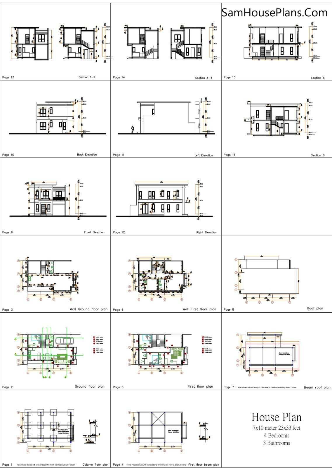 Small House Plan 23×33 Feet 7×10 Meter 4 Beds 3 Baths Flat Roof (A4 Hard Copy)