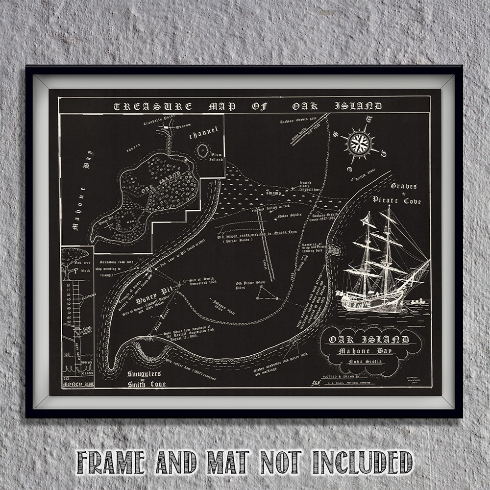 Oak Island Treasure Map Vintage Pirate Chart Nova Scotia Historic Wall Art