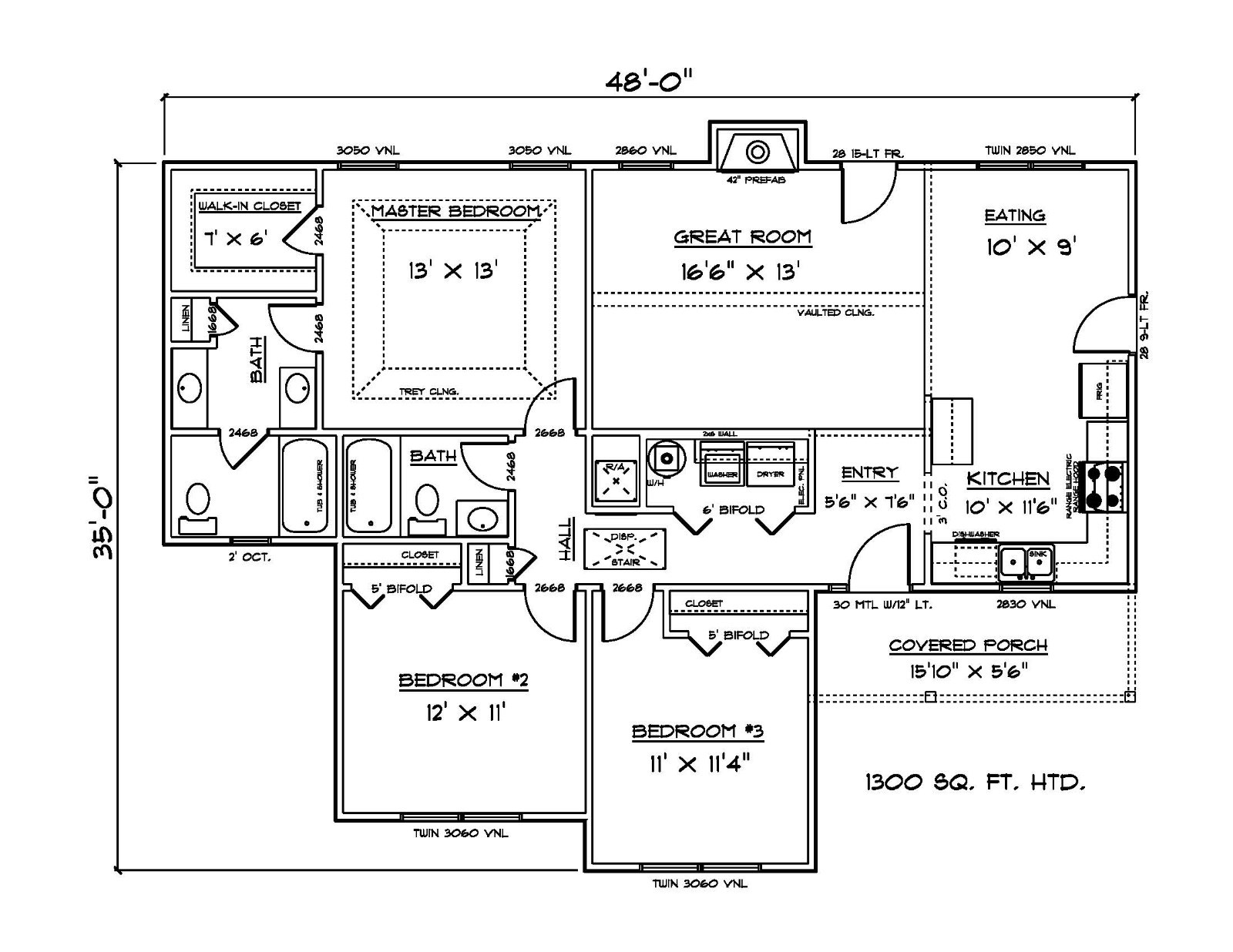 House Plan PDFs for 1300 Sq. Ft. 3 Bedroom House