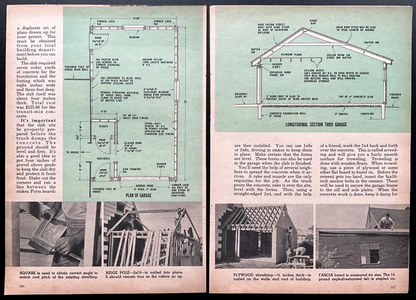 14’ x 25’ Attached Garage Addition 1961 HowTo Build PLANS w/Entrance Door