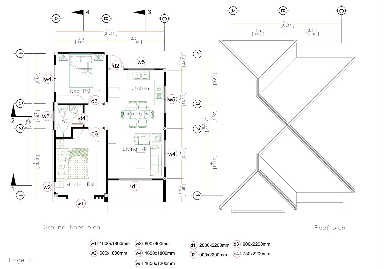 22×28 Feet Small House Plan 6.5×8.5 Meter 2 Beds 1 bath PDF (A4 Printed Plans)