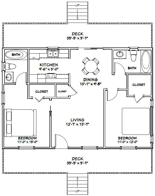 36×24 House — 2 Bedroom 2 Bath — 864 sq ft — PDF Floor Plan — Model 3G