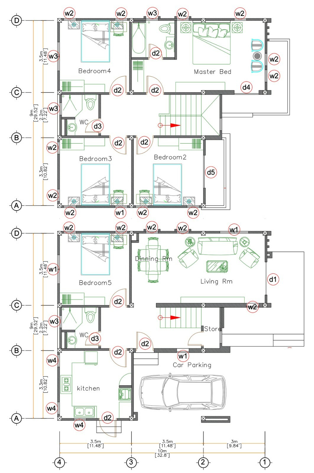 Custom House Plan 9×10 Meter 30×33 Feet 5 Beds 3 Baths Hip Roof (A4 Hard Copy)