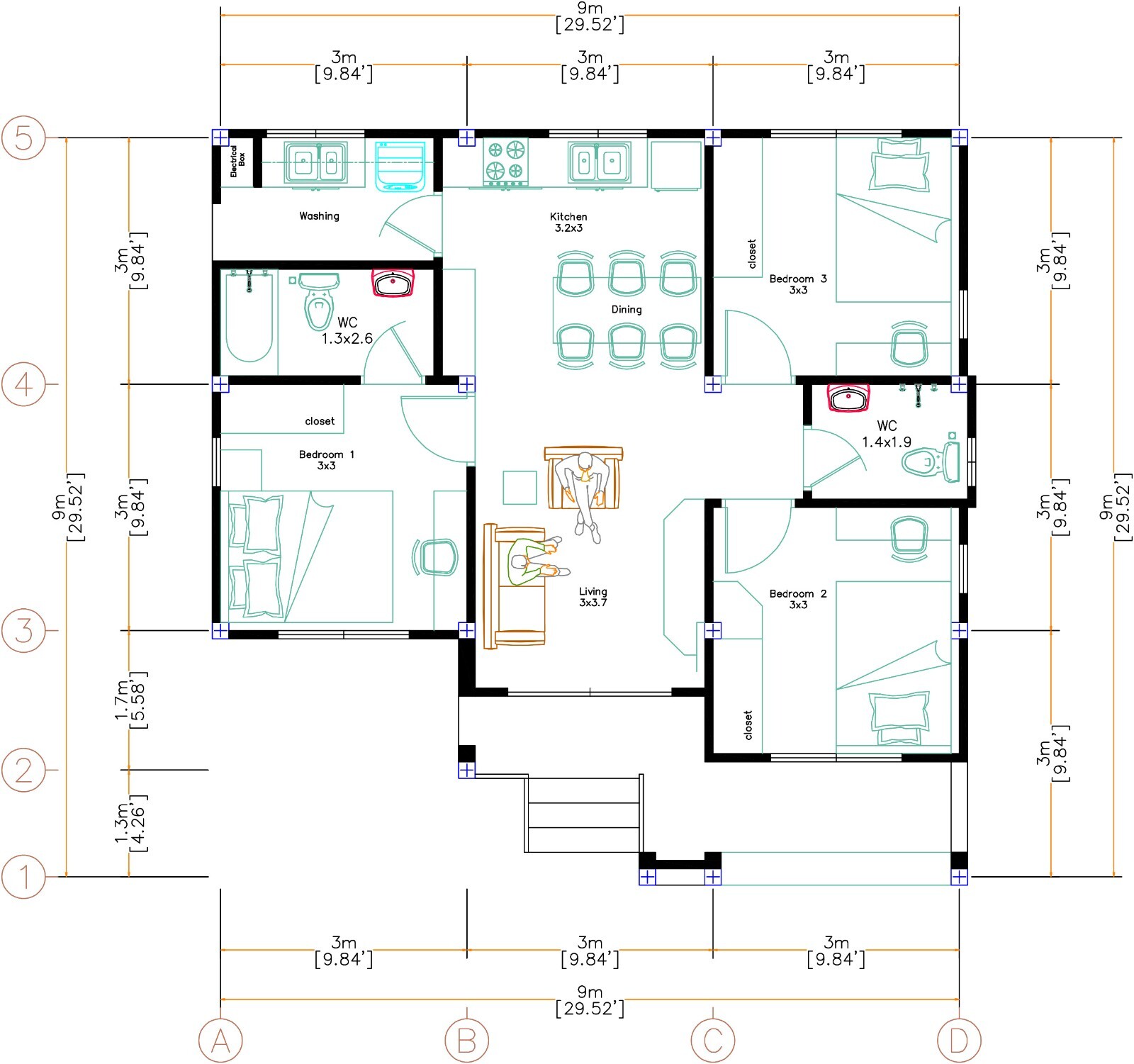 30×30 Custom House Plan 9×9 Meter 3 Beds 2 Baths Hip Roof PDF (A4 Hard Copy)
