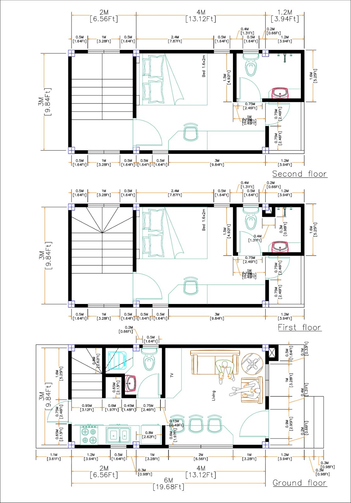 10×20 Feet Small House Plan 3×6 Meter 2 Beds 3 Baths Shed Roof (A4 Hard Copy)
