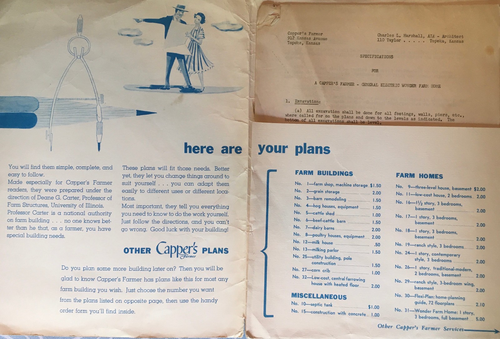 SET OF 3: RARE VINTAGE BLUEPRINTS & RANCH HOUSE PLAN – 1950s “GE WONDER HOME”