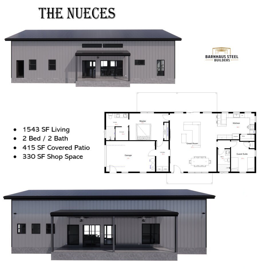 The Nueces Barndominium Plan – 2 Bedrooms / 2 Baths 1,543 SF Design Blueprints
