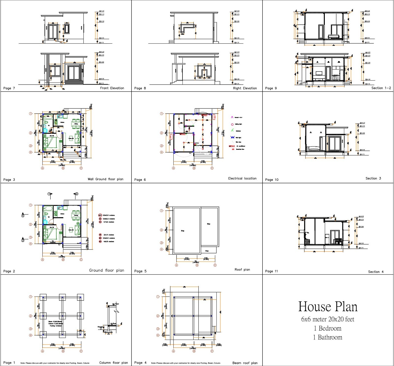 20×20 Feet Small House Design 6×6 Meter 1 Bed 1 Bath Flat Roof (A4 Hard Copy)