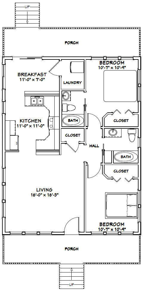 28×36 House — 2 Bedroom 2 Bath — 1,008 sq ft — PDF Floor Plan — Model 3D