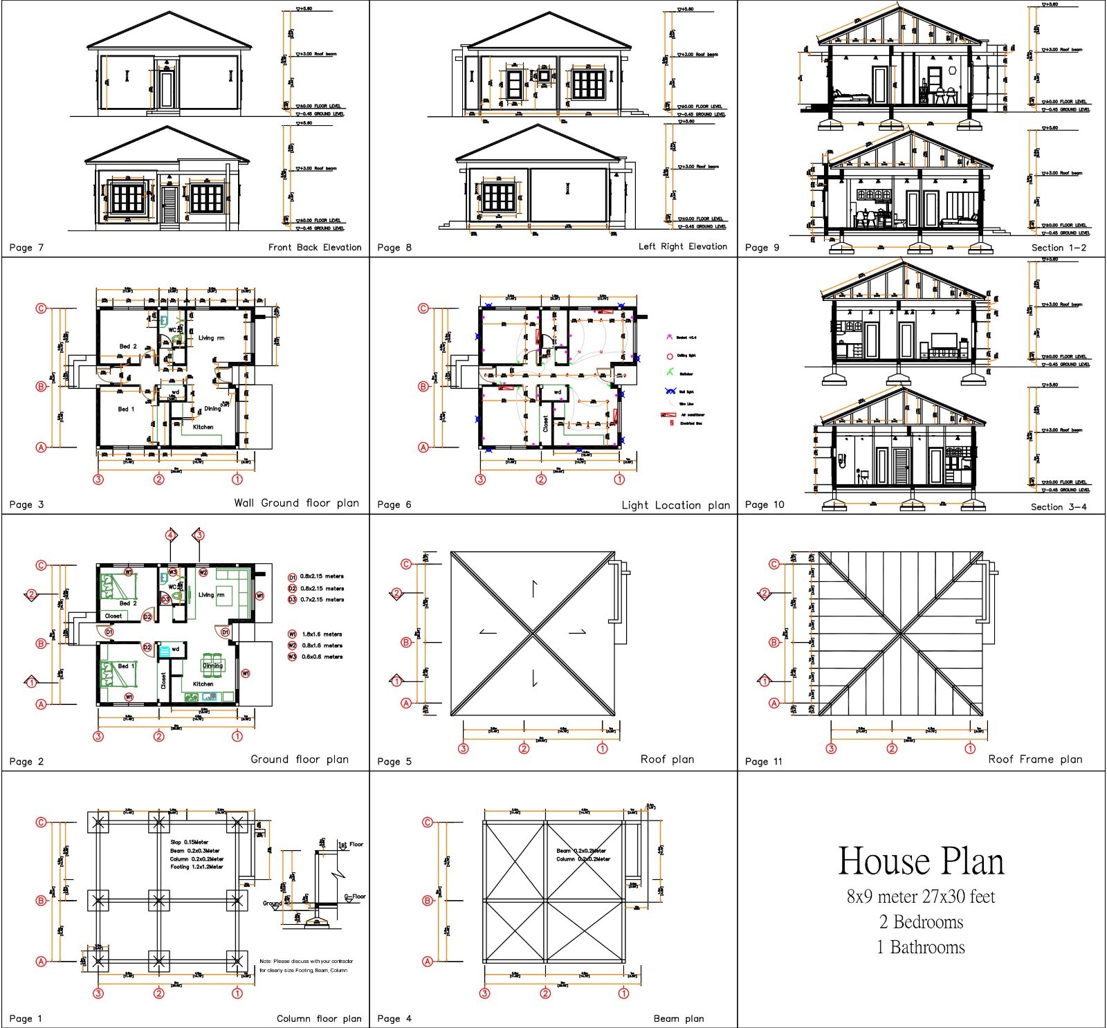 27×30 Feet Small House Design Plans 8×9 Meter 2 Beds 1 Bath Hip (A4 Hard Copy)