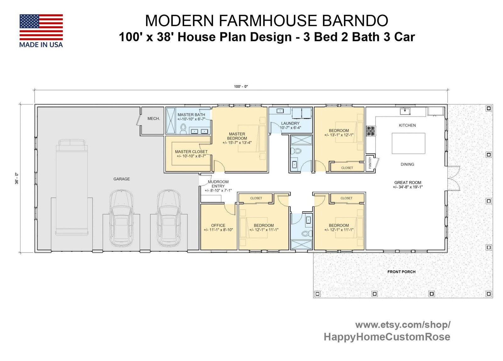 Brentwood Barn Barndominium Modern House Open Plan Design 100 x 36 – 4 Bed 3 Bat