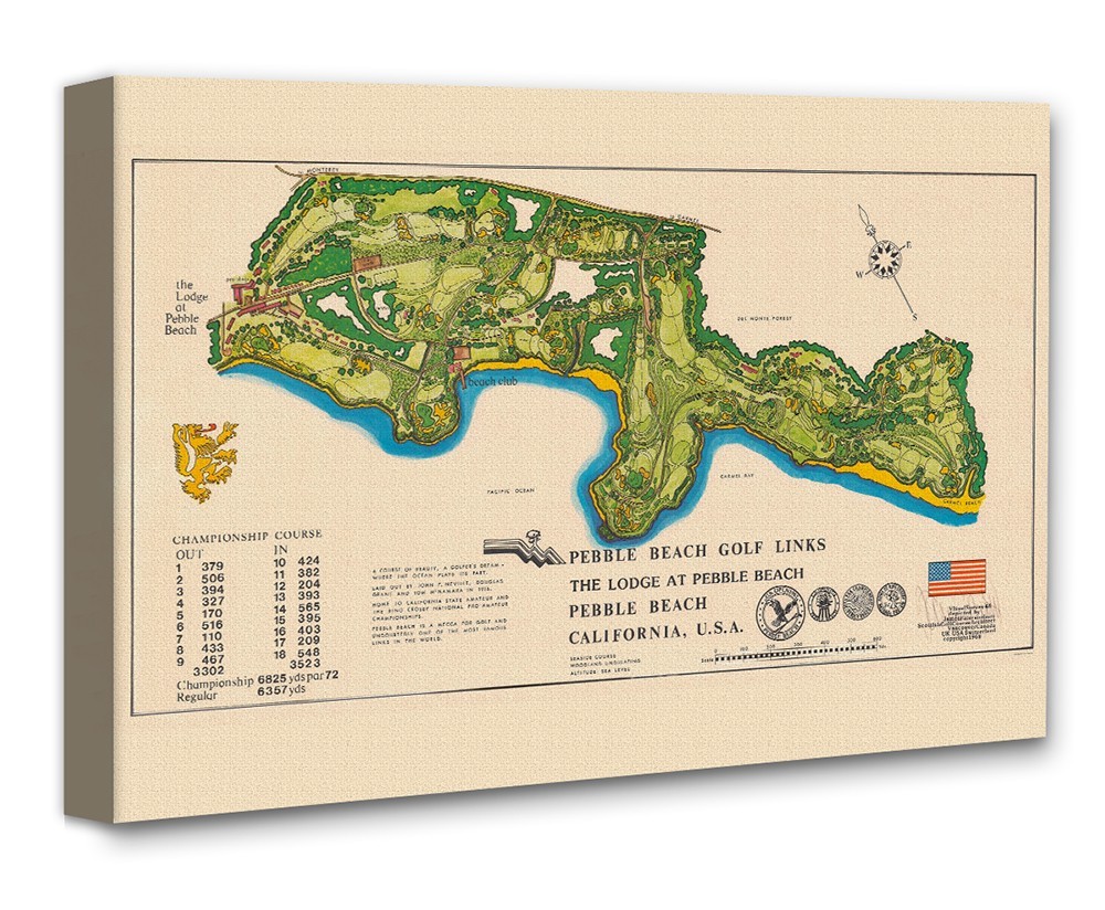 Pebble Beach Golf Links Vintage Course Map California Illustrated Wall Art