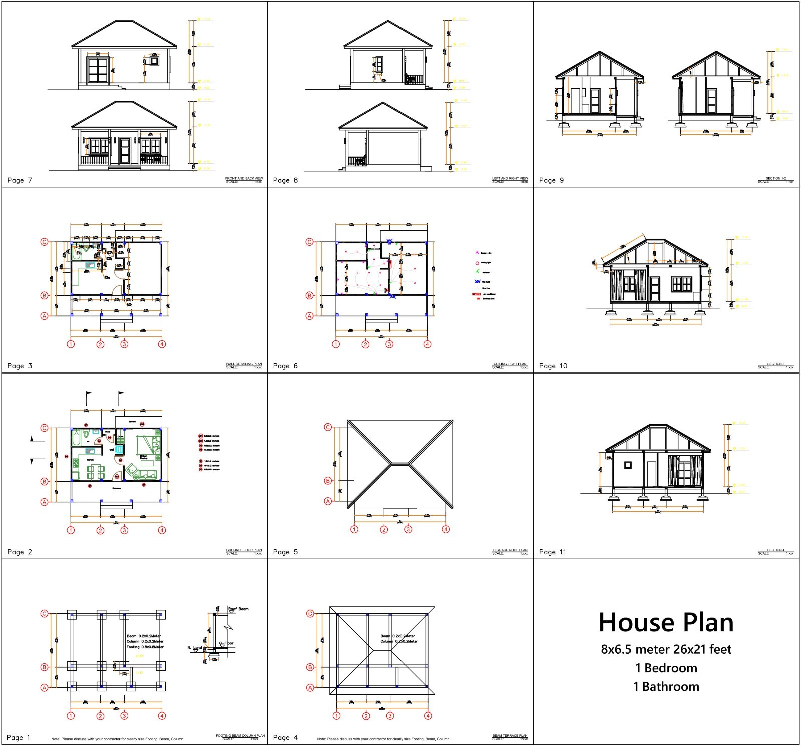 23×21 Feet Tiny House Plans 8×6.5 Meter 1 Bed 1 Bath Hip Roof PDF (A4 Hard Copy)