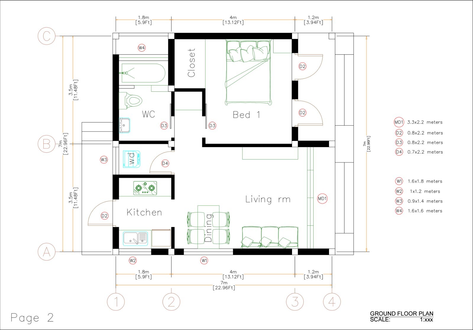 23×23 Small House Design 7×7 Meter Gable Roof 1 Bed 1 Bath (A4 Hard Copy)