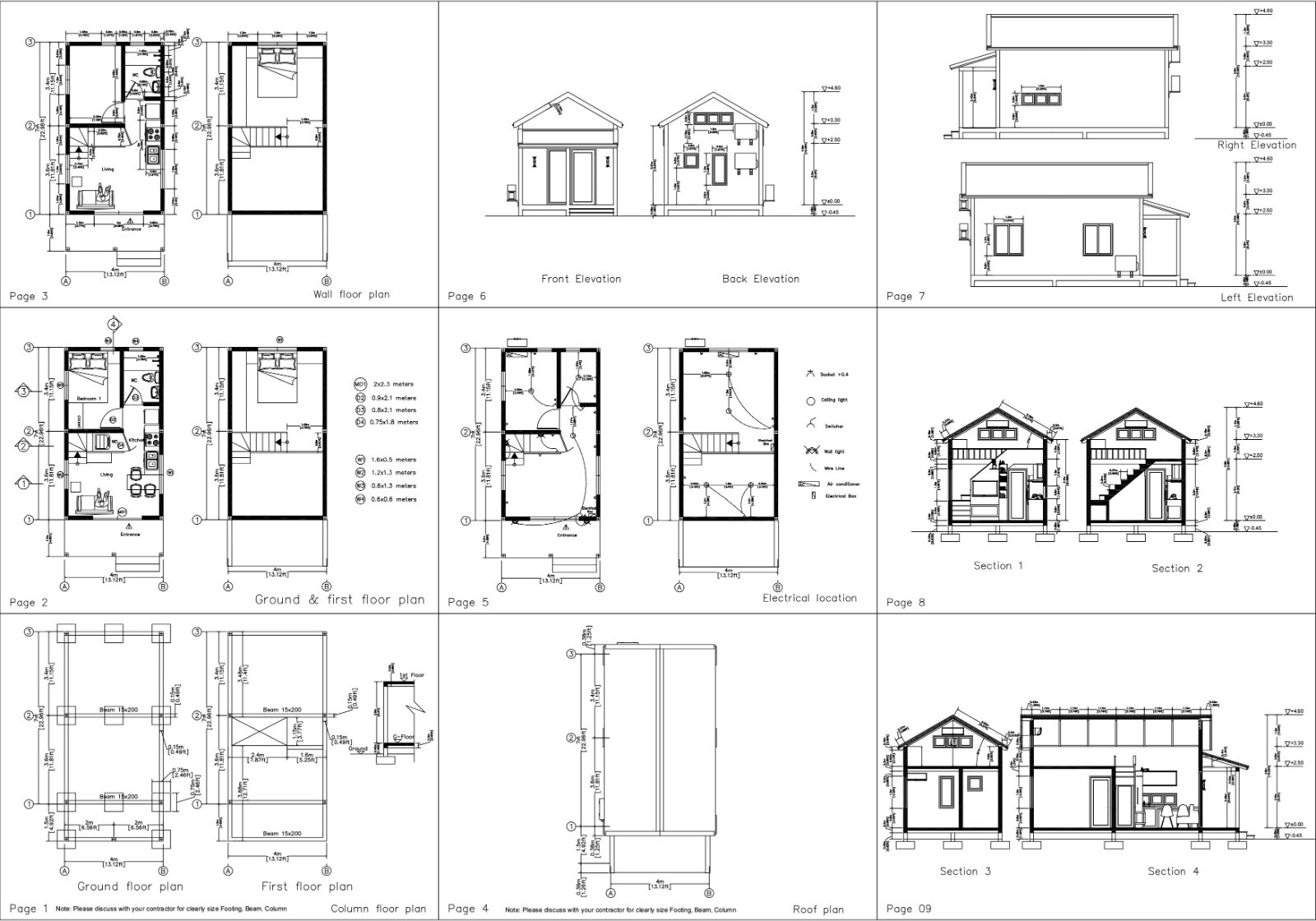 13×23 Loft House Plan 4×7 Meter 2 Beds 1 Bath Gable Roof PDF Plan (A4 Hard Copy)