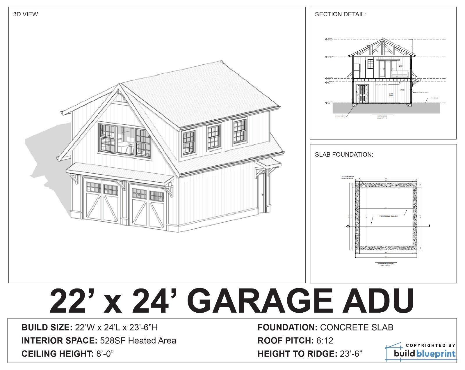22′ x 24′ Two Car ADU Garage Loft Architectural Plans – PDF Download