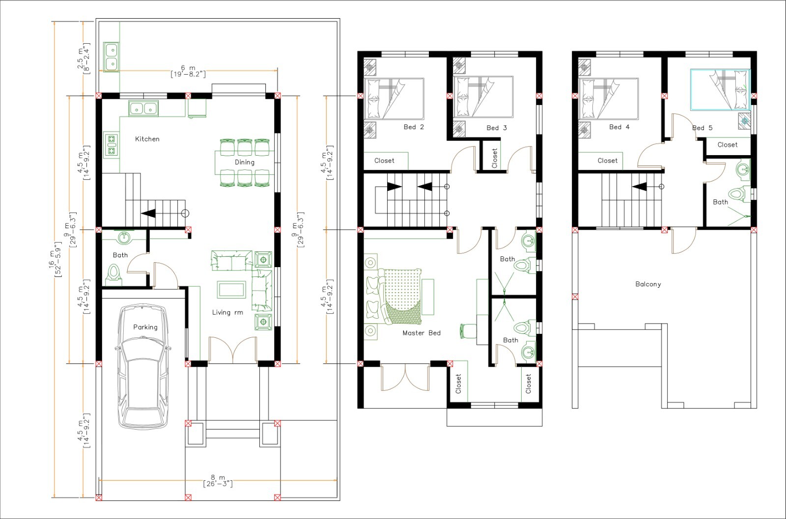 20×30 Feet House Plan 6×9 Meter 5 Bed 4 Bath Terrace Roof (PDF &A4 Hard Copy)