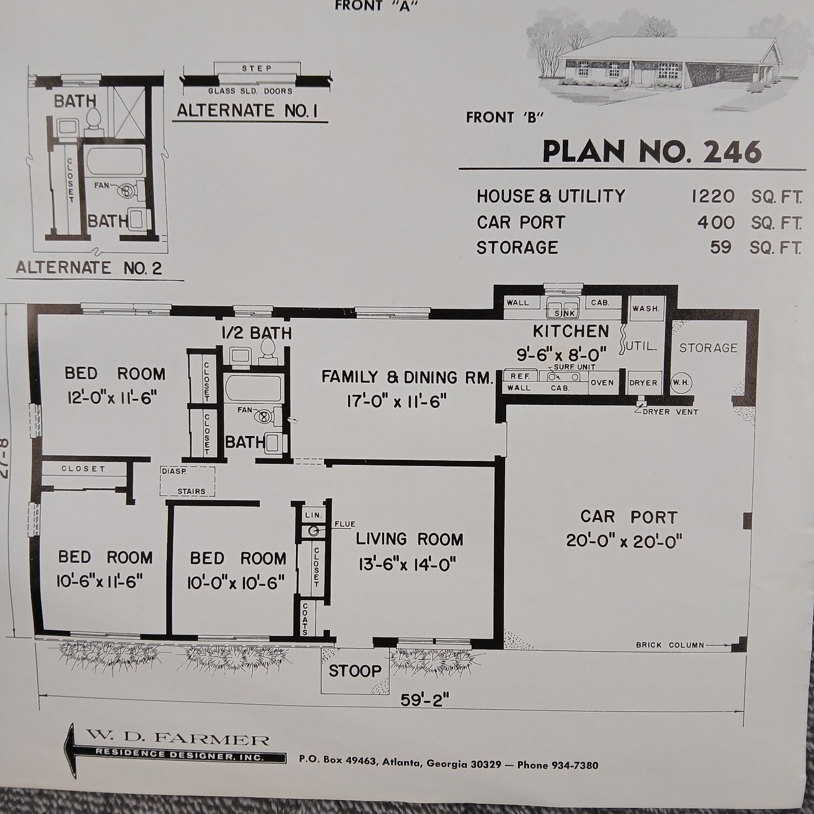 MCM 1966 House Blueprint Plans W.D. Farmer Homes Plan #246 1220 sf 60s Ranch Vtg