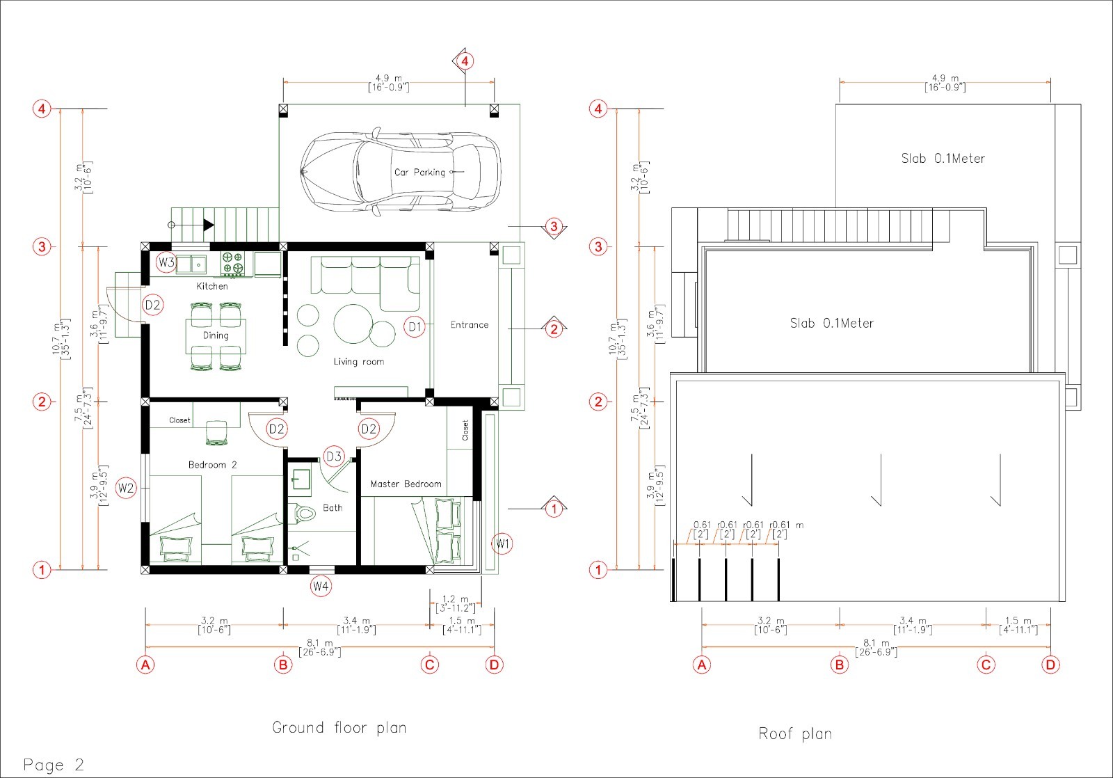35×27 Ft House Design Plan 10.7×8.1 Meter 2 Bed 1 Bath A4 Printed PDF & CAD Plan