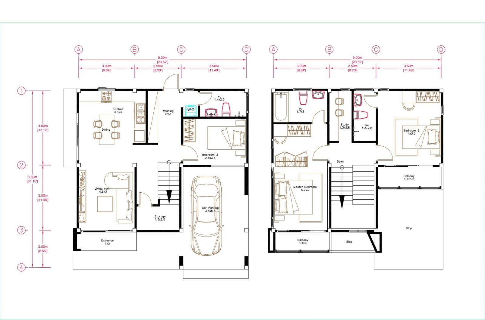 30×31 Feet Small House Design 9×9.5 Meter 3 Beds Full PDF Plan (A4 Hard Copy)