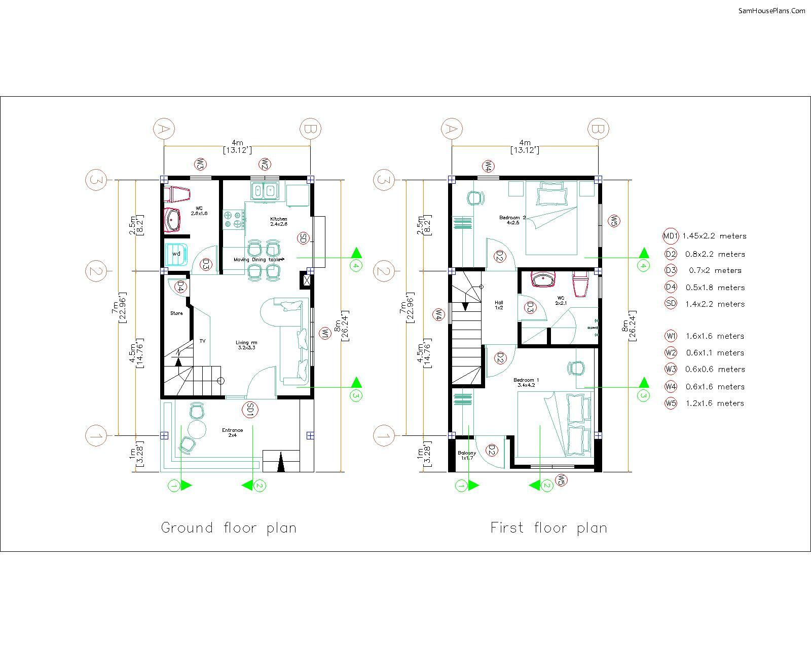 Small House Plan 4×7 M 13×23 Feet 2 Beds PDF Plan PDF Full Plan (A4 Hard Copy)