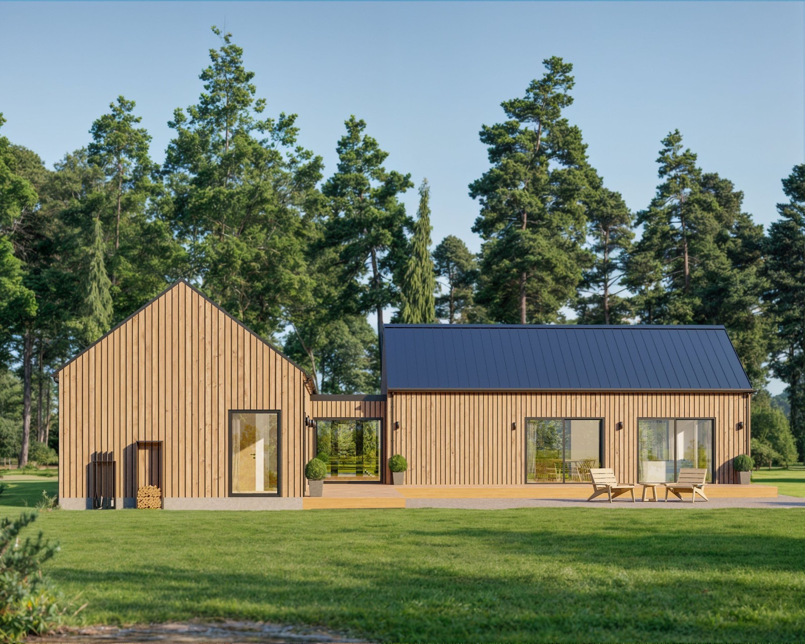 Modern Cabin House, L-shape House, 3 Bed 2 Bath, 1600 Sq Ft, Architectural Plans