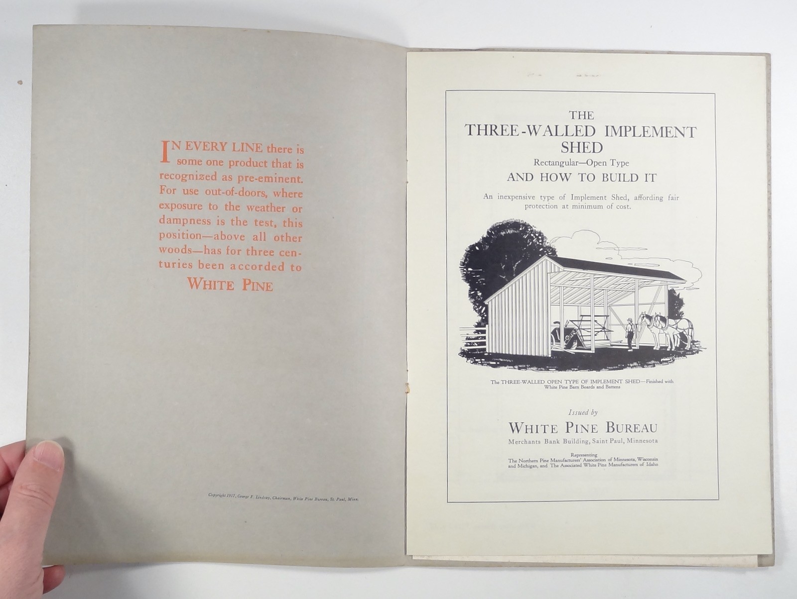 1917 3-WALLED OPEN SHED Farm Plans Specs & Materials WHITE PINE BUREAU #12 {e}