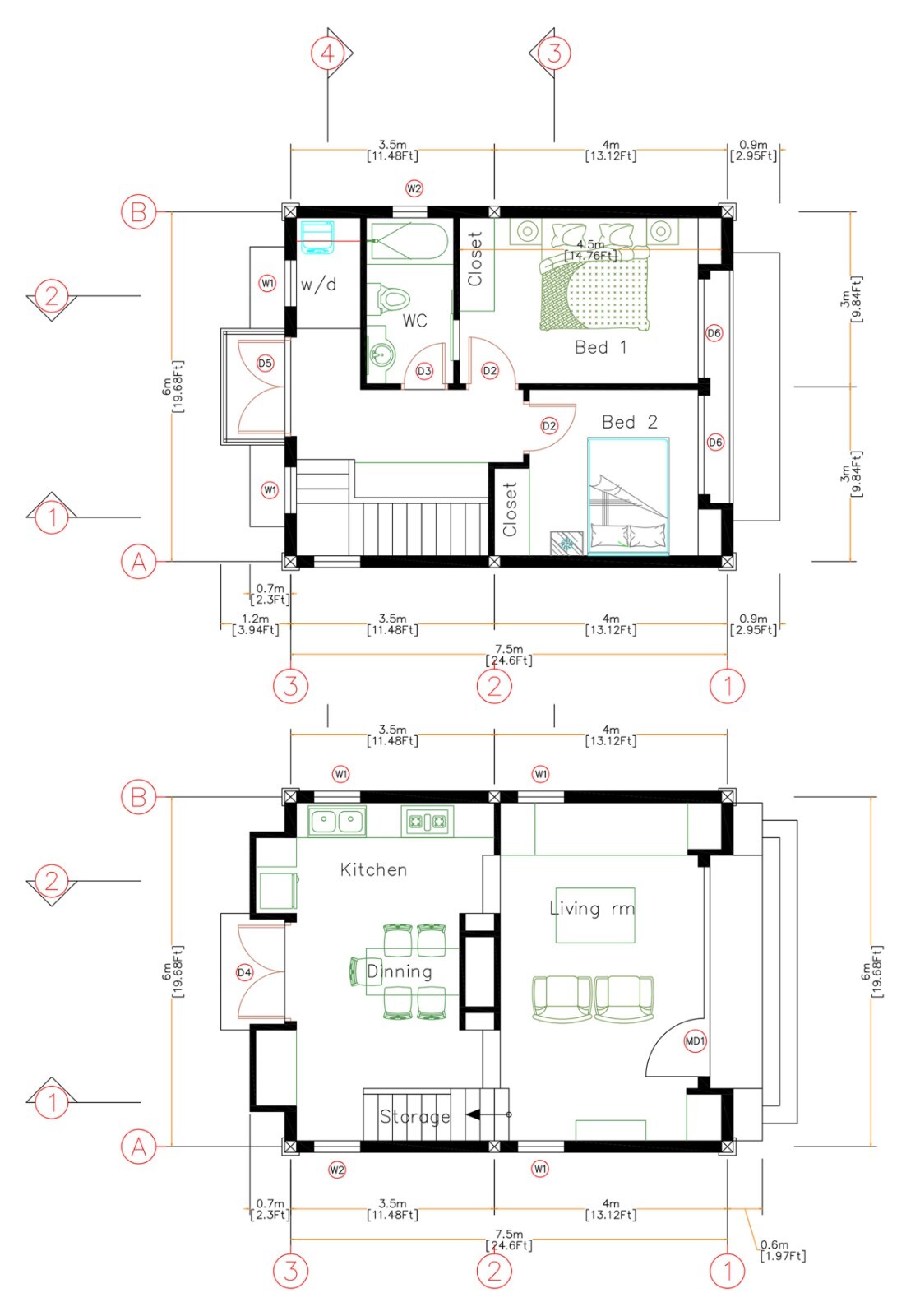 20×24 Feet House Plans 6×7.5 Meter 2 Bed 1 Bath Hip Roof PDF Plan (A4 Hard Copy)