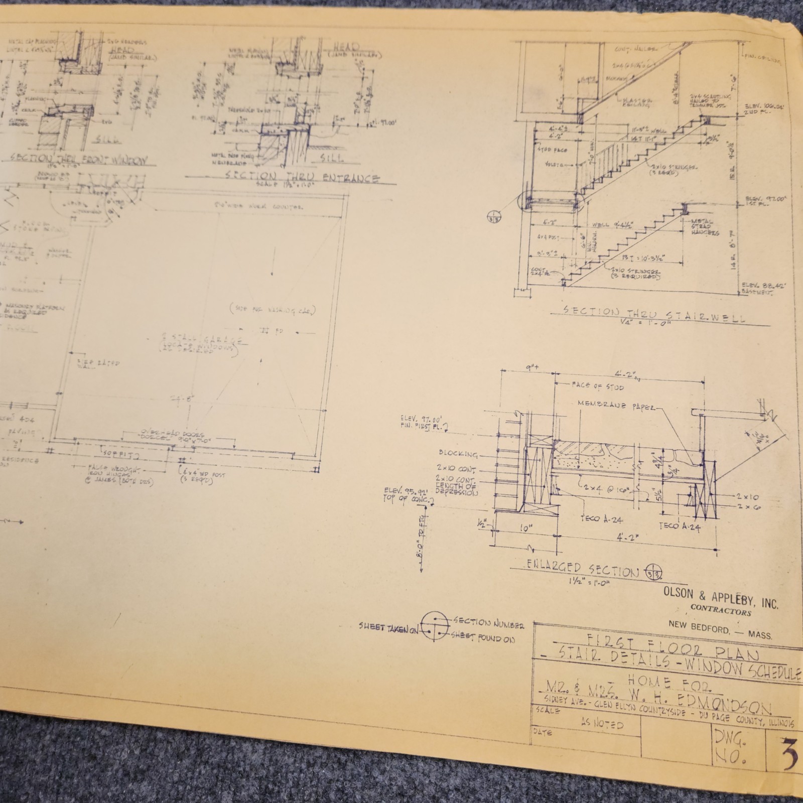 Vintage House Blueprint 33×17 1964 Mid Century Modern Drawing Art Glen Ellyn IL
