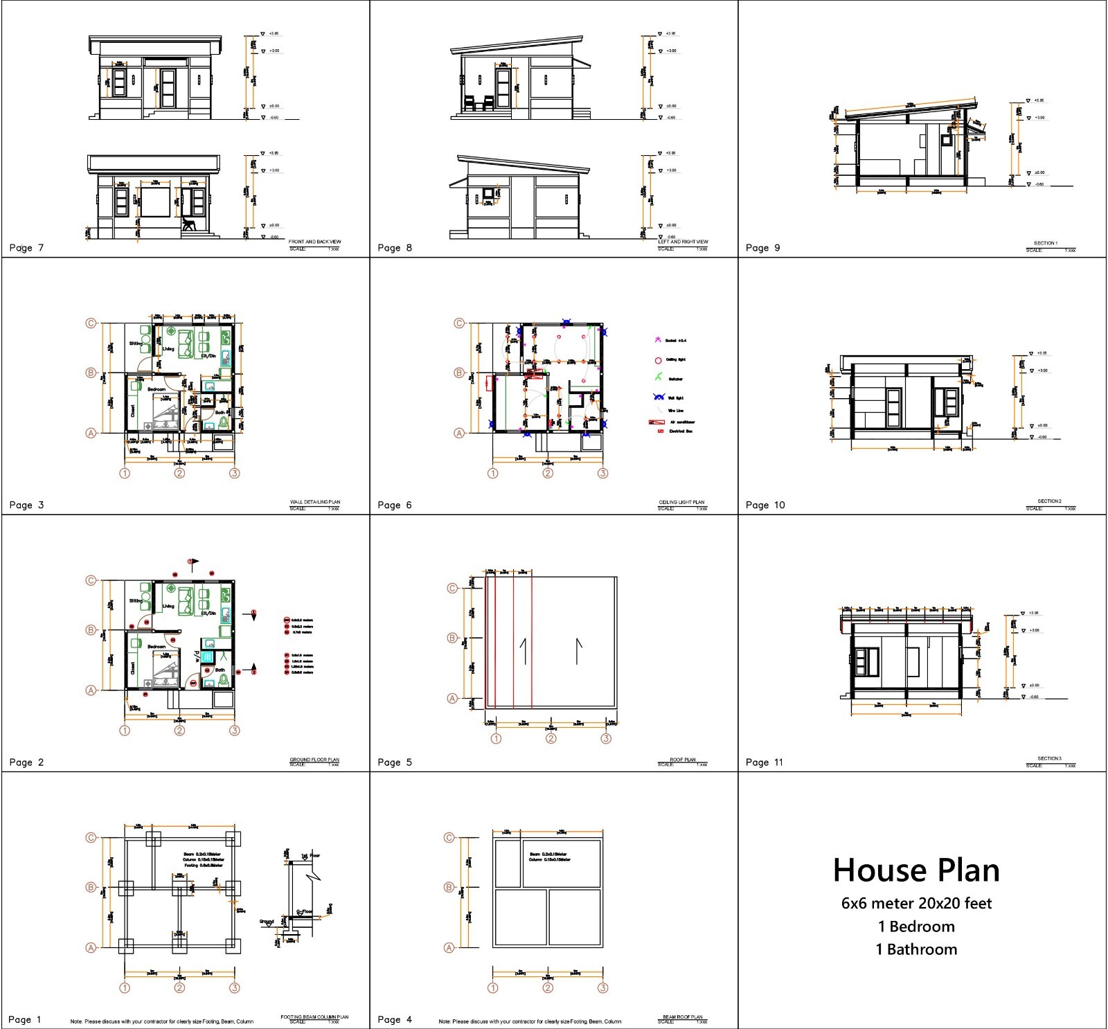 20×20 Feet One Bedroom Small House Plan 6×6 Meter 2 Bath Shed PDF (A4 Hard Copy)