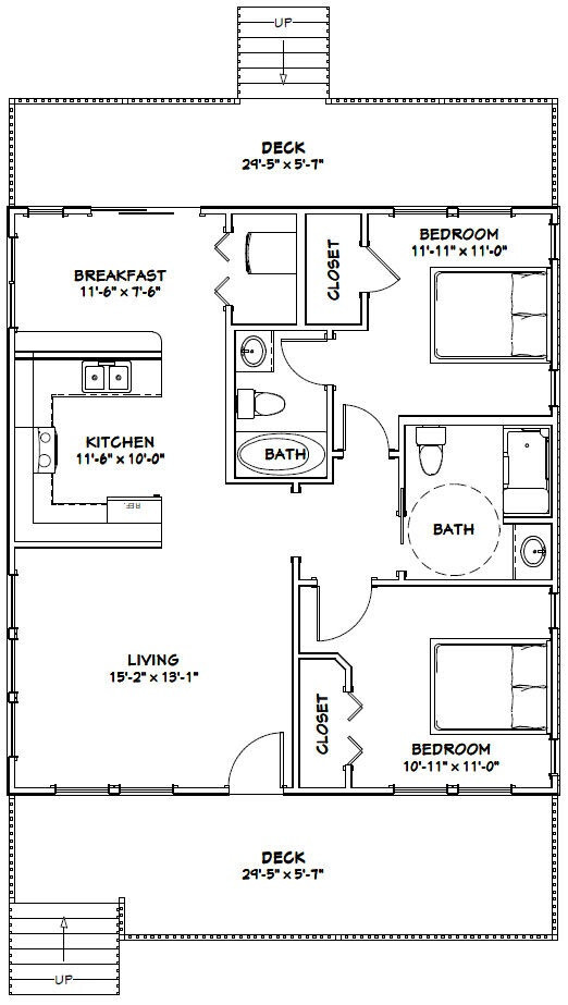 30×32 House — 2 bedroom 2 Bath — 960 sqft — PDF Floor Plan — Model 4B