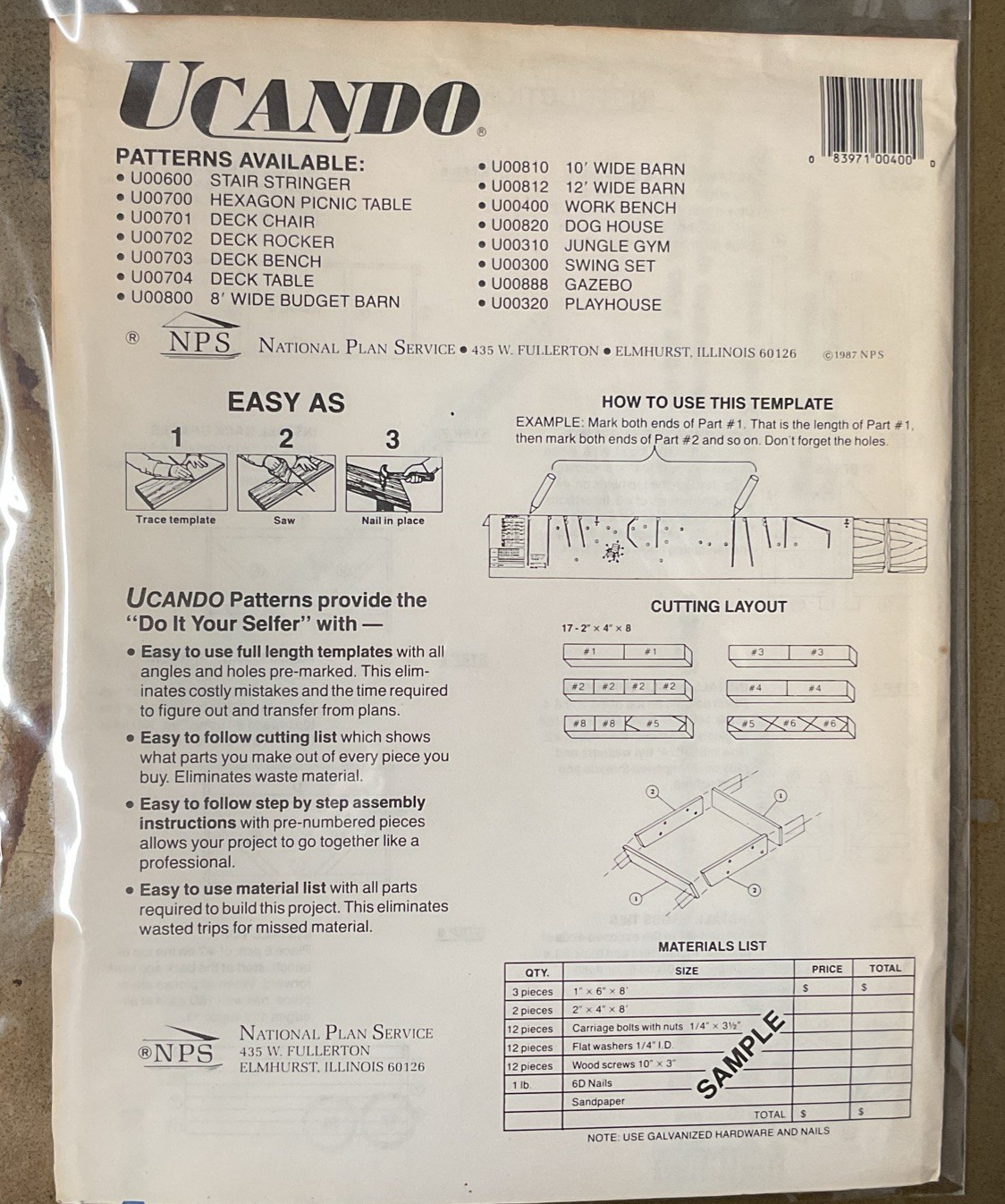 UCANDO U00400 4’ Work Bench Plans Rebagged With Material List NOS W/Templete