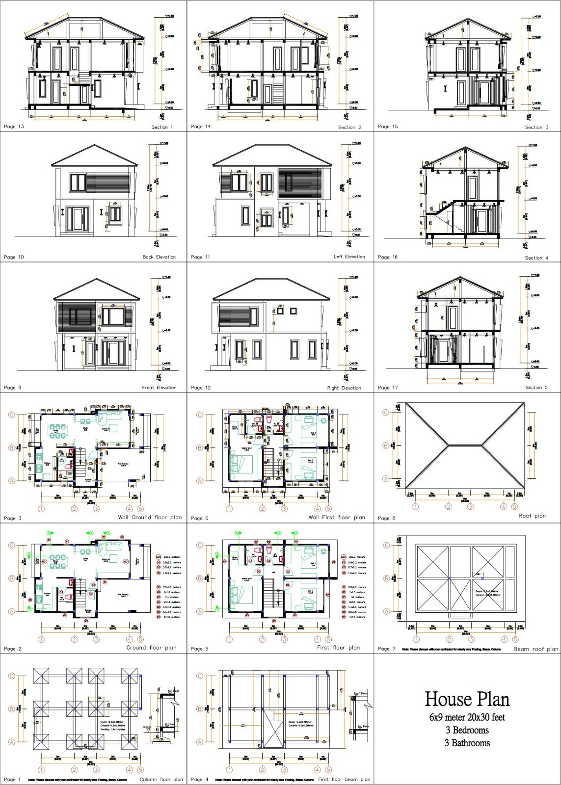 20×30 Feet Small House Plan 6×9 Meter 3 Beds 3 Baths Hip Roof PDF (A4 Hard Copy)