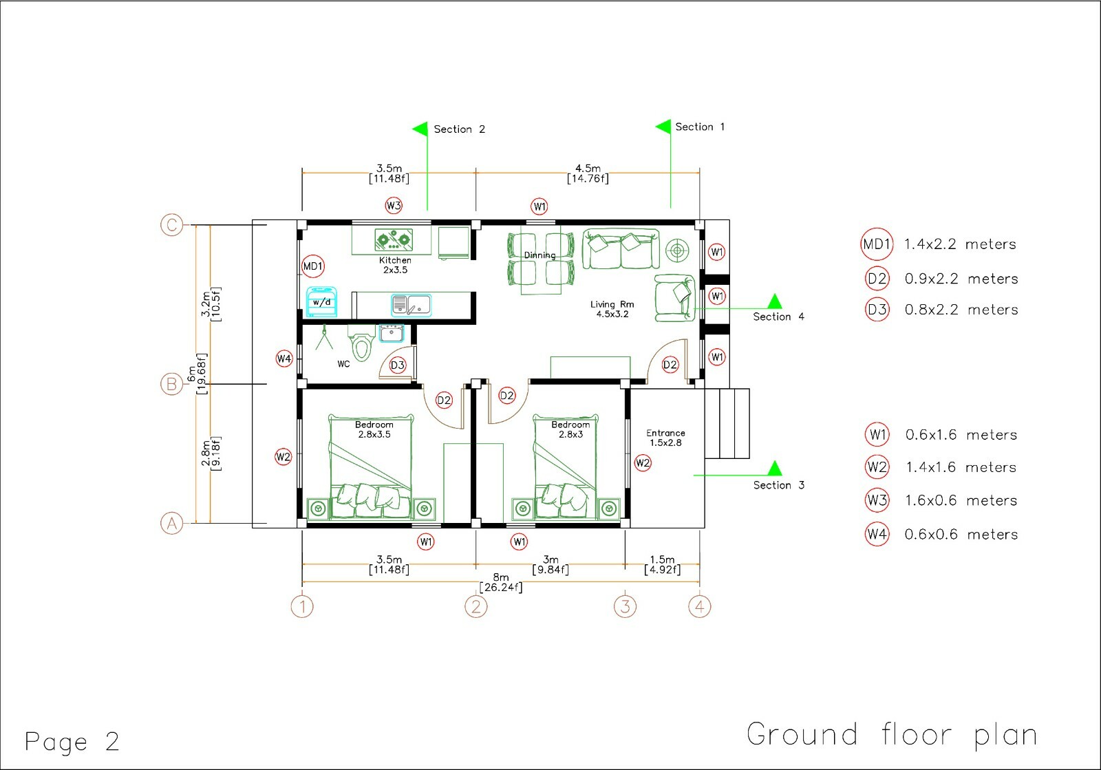 Custom Small House Plan 6×8 Meter 20×27 Feet 2 Bed 1 Bath Terrace (A4 Hard Copy)