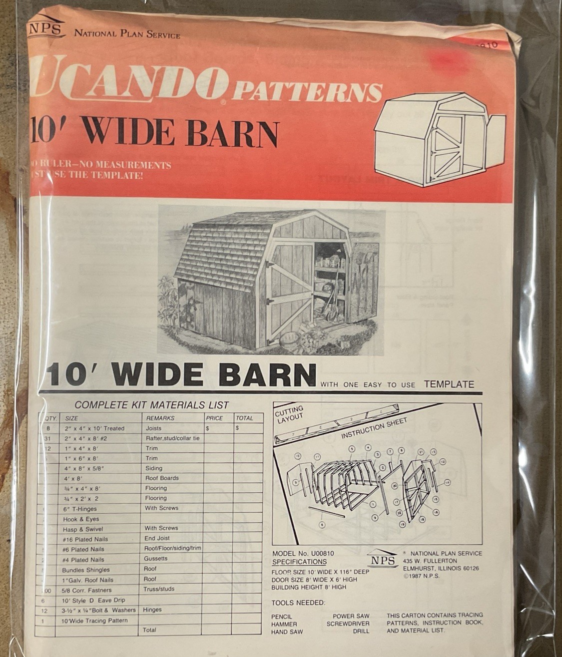 UCANDO U00810 10’ Wide Barn Plans Rebagged With Material List NOS W/Templete