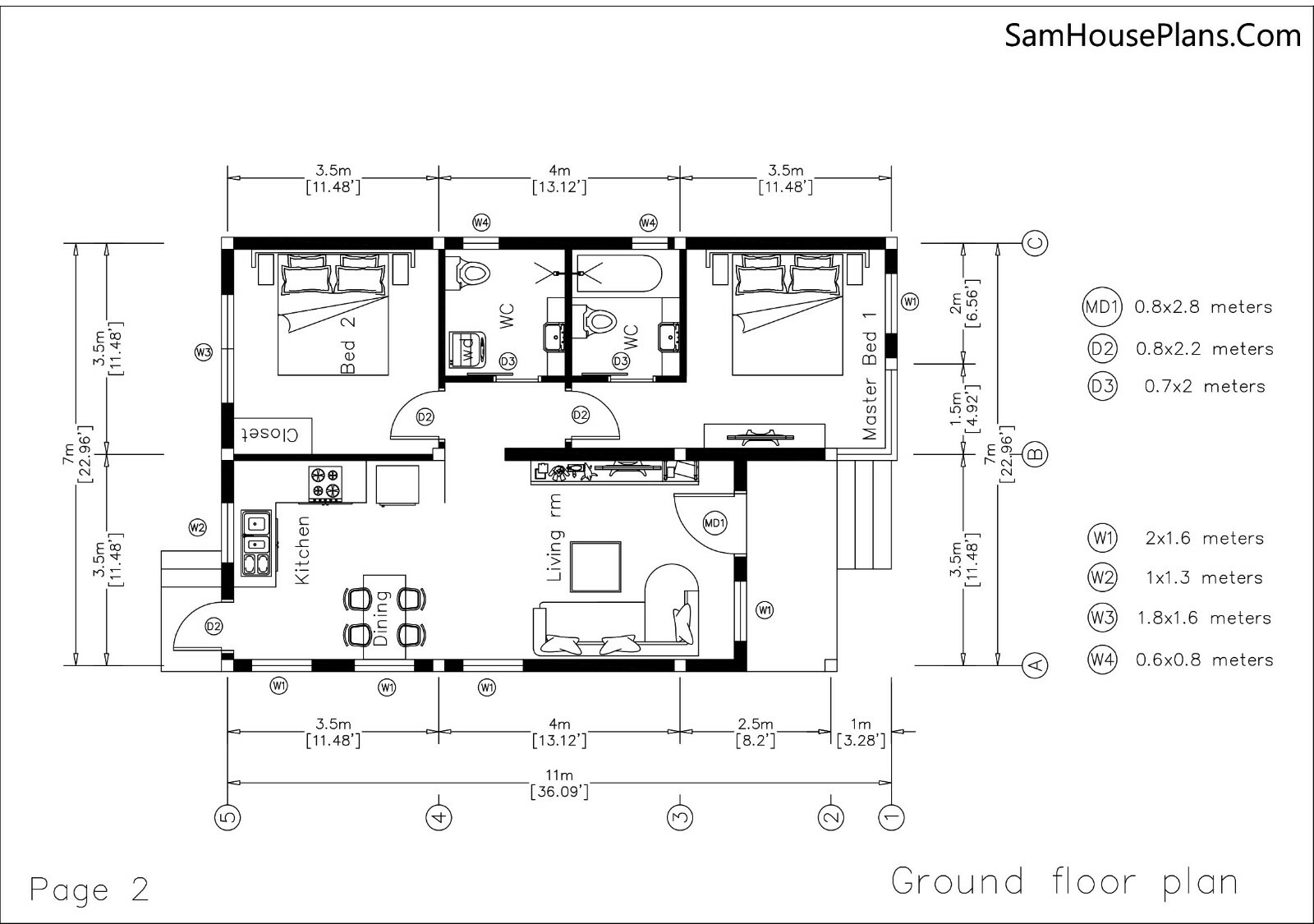 Small House Plans 7×11 Meters 23×36 Feet 2 Beds 2 Baths Shed Roof (A4 Hard Copy)