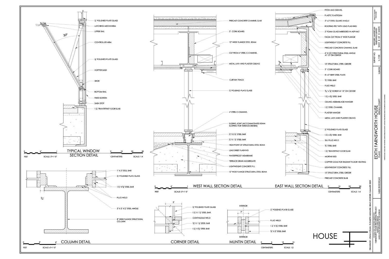 Mies van der Rohe modern design, Farnsworth House, architectural drawings