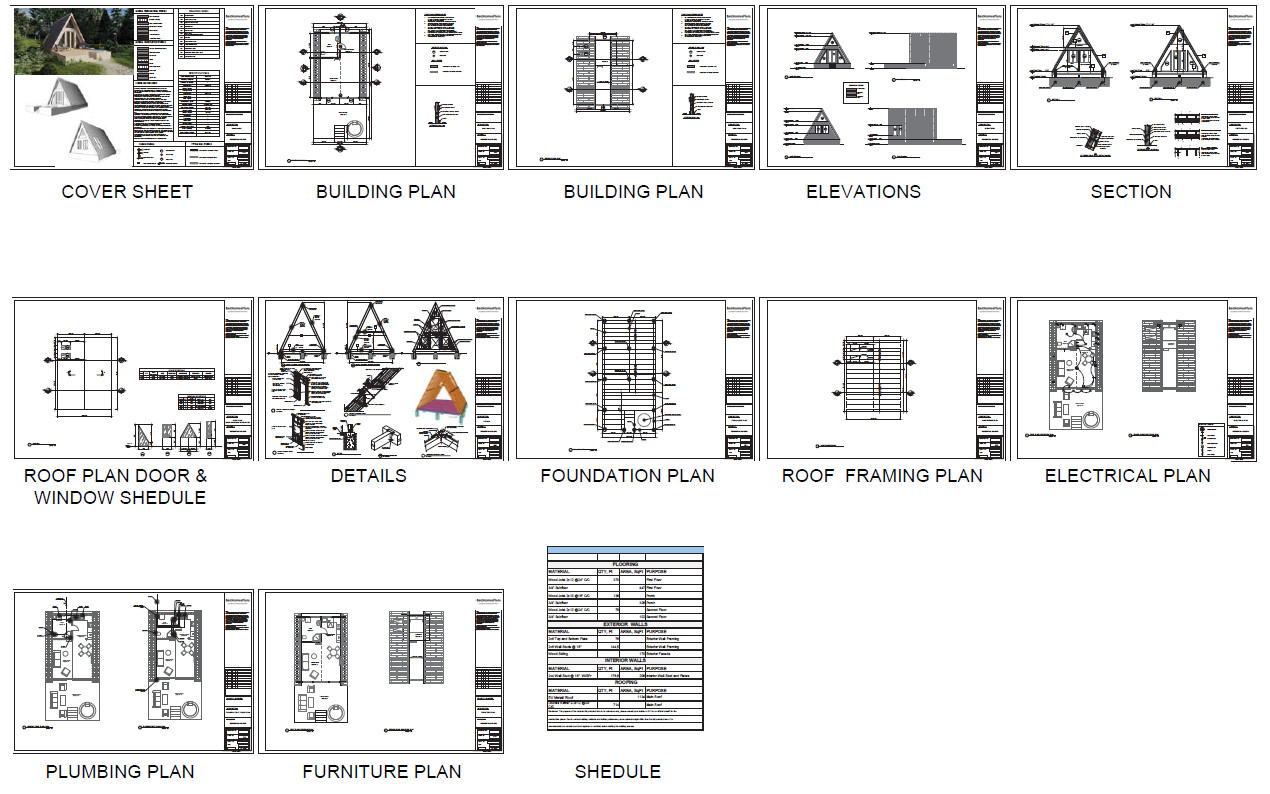 20’x42 1 Bed, 1 Bath Modern A-Frame Cabin Architectural Build Plans PDF.