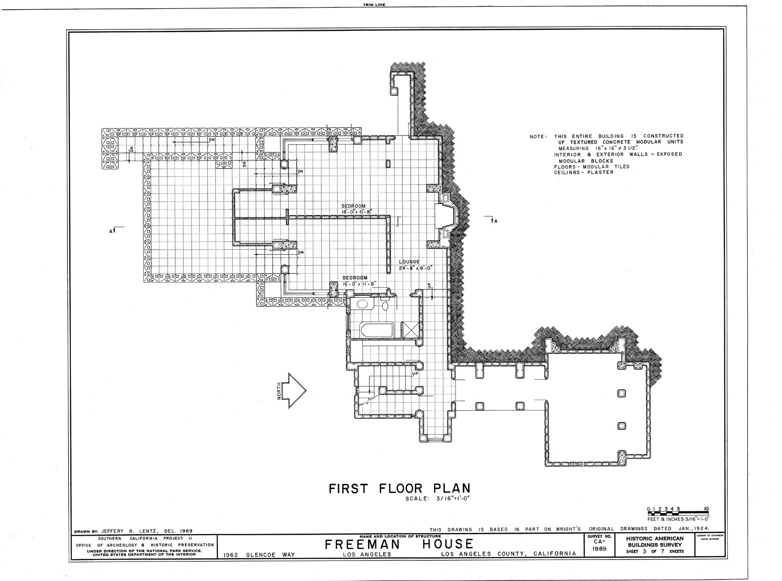 2 bedroom Freeman Home by Frank Lloyd Wright, printed architectural house plans