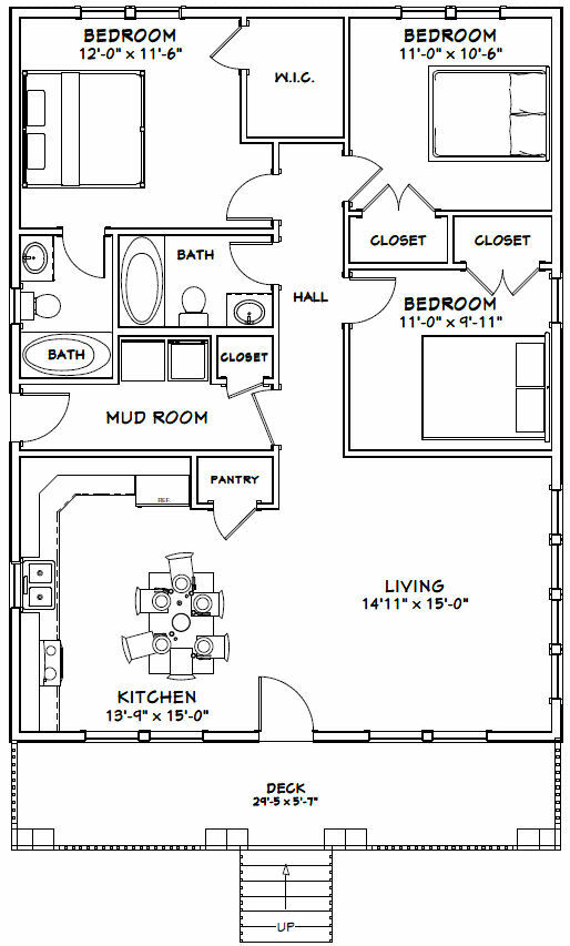 30×40 House — 3 Bedroom 2 Bath — 1,200 sq ft — PDF Floor Plan — Model 2A
