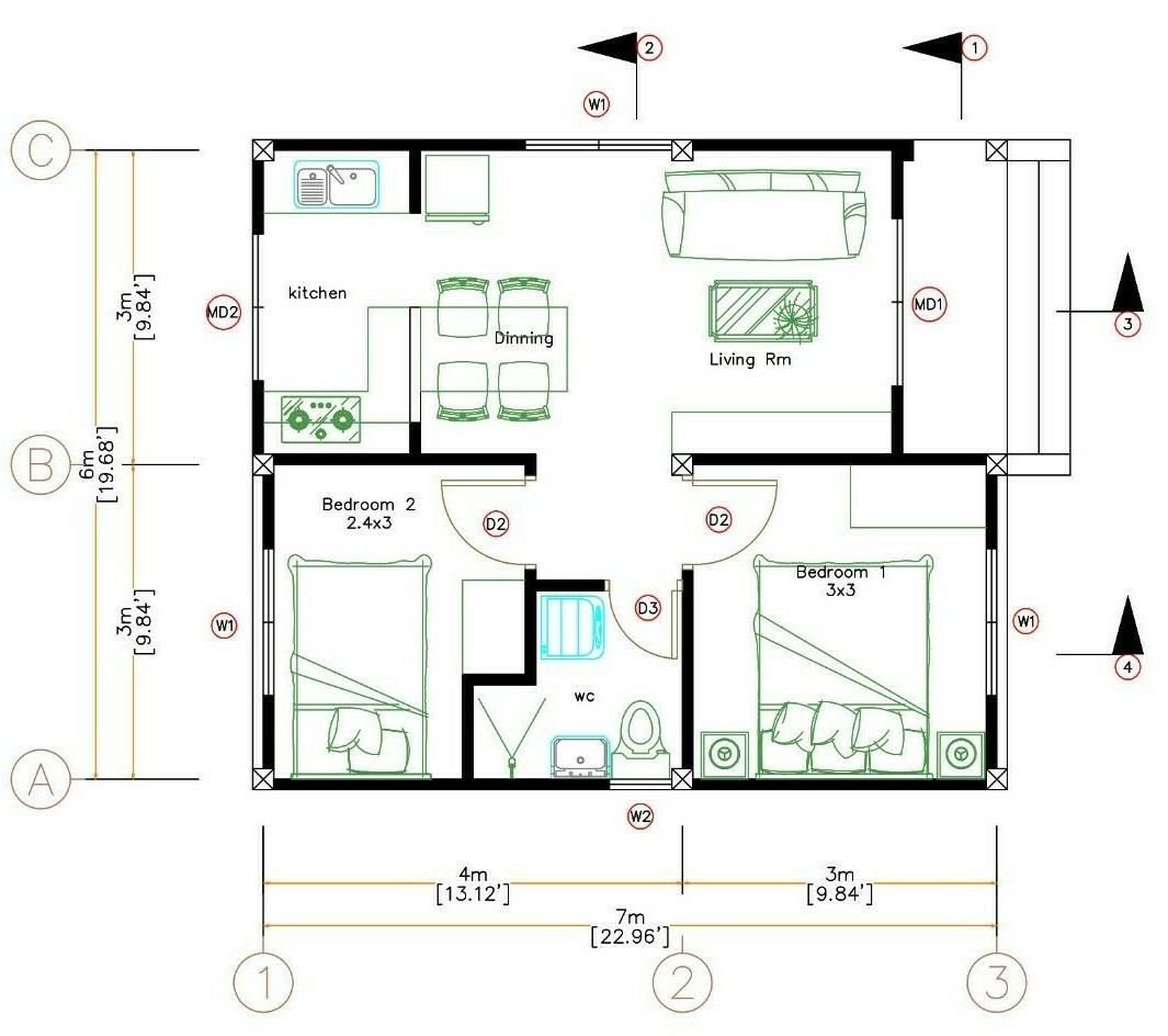 Small House Design 6×7 Meter 20×23 Feet 2 Beds 1 Bath Shed Roof (A4 Hard Copy)