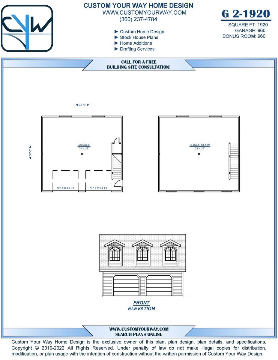 Garage Plan G 2-1920 Bonus Room