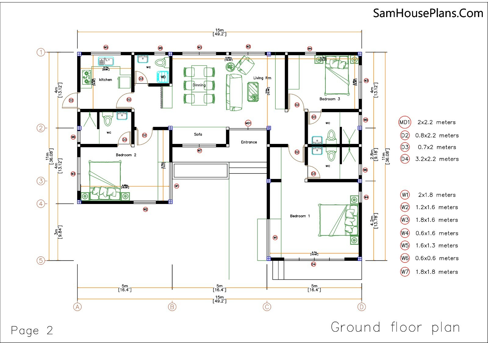 49×36 Modern Home Plan 15×11 Meter 3 Bedrooms PDF Full Plans (A4 Hard Copy)