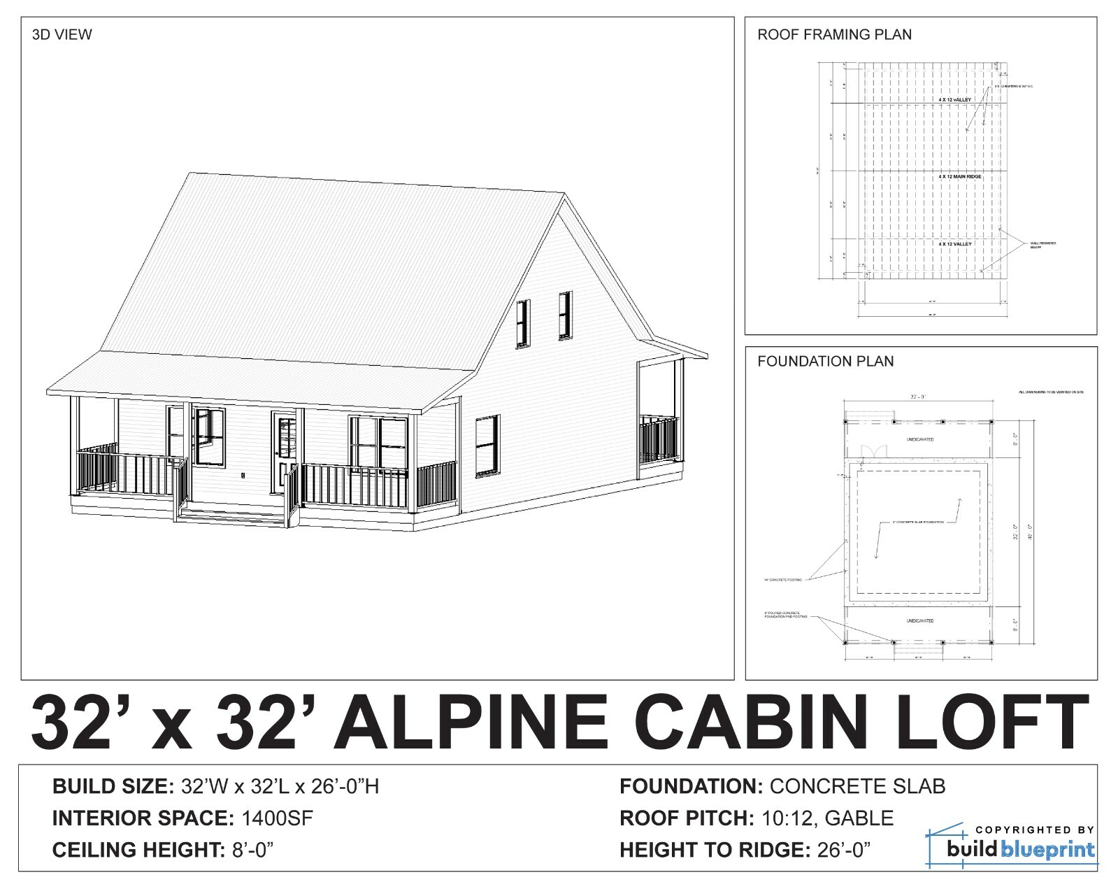 32 x 32 Alpine Cabin w/ Loft Architectural & Construction Plans – PDF Download