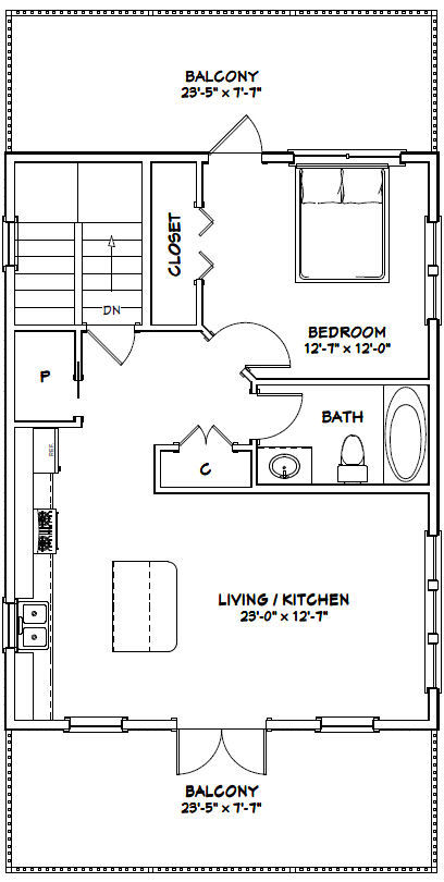 24×32 House — 1 Bedroom 1.5 Bath — 830 sq ft — PDF Floor Plan — Model 8B