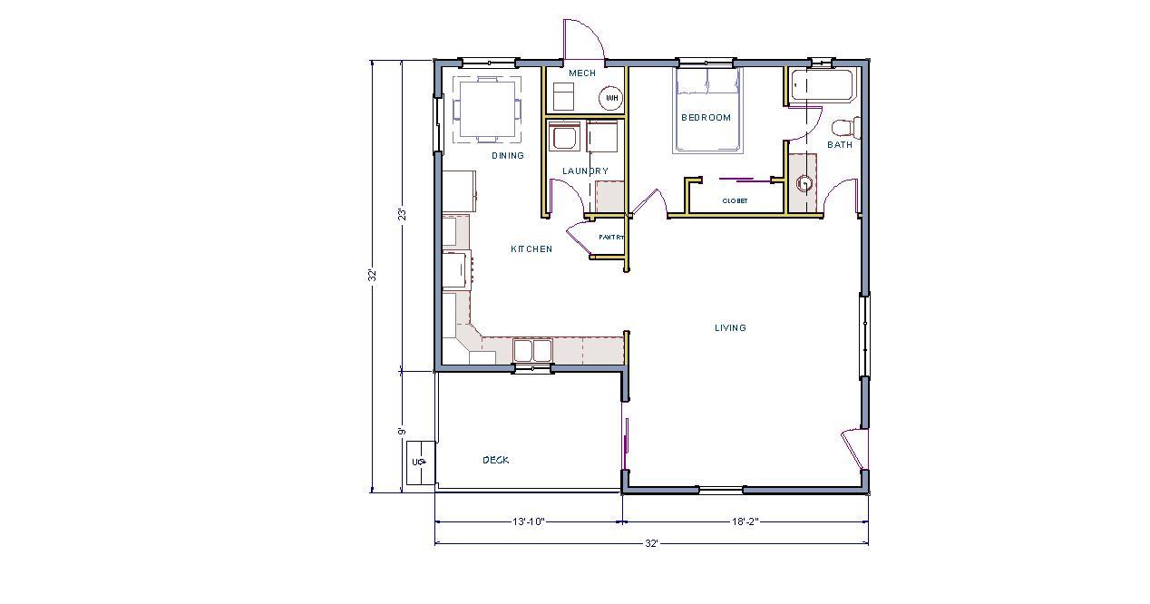 House Plans 900 sq. ft. one bdrm, bath, kitchen, dining, living area.
